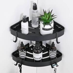 lot 15558 image: DUFU Adhesive Corner Shower Caddy with Hooks,Bathroom Shower Organizer, No Drilling Rust Proof Aluminum Shower Shelf for Inside Shower 2 Pack (Black)
