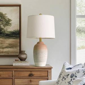 lot 15600 image: USumkky 24.5 Vintage Ceramic Table Lamp - Single Farmhouse Rustic Bedside Lamp with Natural Textured Finish, Nightstand Lamps for Living Room, Bedroom, End Table, Office White and Brown