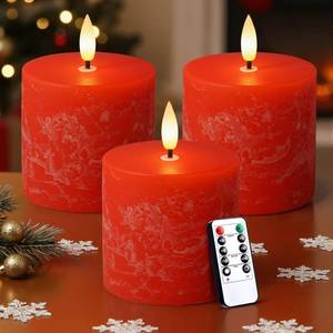 lot 15607 image: Retisee Valentines Day Flameless Pillar Candles Set of 3 Battery Operated Candle with Remote Control Timers Real Wax Flat Top Flickering Small LED Candles for Valentine Decor Dinner(Red,3x3 Inch)