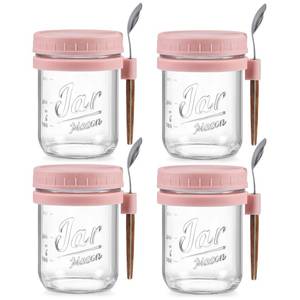 lot 15621 image: LANDNEOO 4 Pack Overnight Oats Containers with Lids and Spoons, 16 oz Glass Mason Jars with Airtight Lids, Overnight Oats Jars for Milk, Cereal, Fruit-Pink