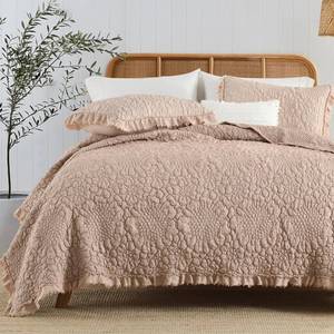 lot 15645 image: HORIMOTE HOME Pinkish Grey Ruffled Quilt Queen Size, Stone-Washed Lightweight Crinkled Farmhouse Rustic Shabby Chic Bedding Set, 3 Pieces Reversible Bedspread with Pillow Shams for All Season
