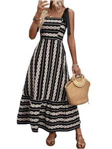 lot 16180 image: Floerns Womens Floral Print Tie Strap Square Neck Ruffle Boho Maxi Dress Black Geo Medium