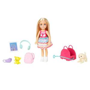 lot 16257 image: Barbie Chelsea Small Doll & 6 Accessories, Travel Set with Puppy, Pet Carrier & Backpack that Opens & Closes, Blonde Hair