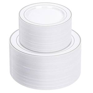 lot 19425 image: NOCCUR 200PCS Silver Plastic Plates Disposable for 100 Guests - Include 100 Dinner  100 Dessert Plates Heavy Duty - Ideal for PartyWeddingNew Year