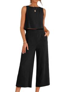 lot 20345 image: ANRABESS Women Lounge Sets 2 Piece Outfits Summer Sleeveless Crop Tops Capri Wide Leg Pants Vacation Beach Travel Sets Black Small