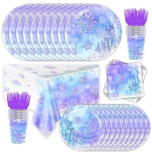 lot 20346 image: 101pcs Frozen Party Plates Paper, Winter Snowflake Supplies Round Plate for Christmas Xmas Winter Wonderland Frozen theme Party Supplies
