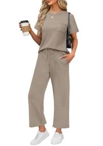 lot 20353 image: WIHOLL Matching Sets Women Clothing Summer Beach Travel Vacation Outfits 2 Piece Petite Lounge Sets Resort Wear Cruise 2026 Womens Clothes Short Sleeve Crewneck Coffee S