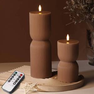 lot 20354 image: Girimax Warm Brown Ribbed Flameless Pillar Candles with Remote, Real Wax Flickering Battery LED Candles Christmas Decor Gift Set of 2(slight cosmetic damage)