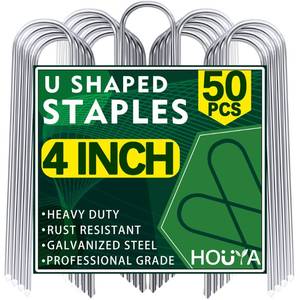 lot 20372 image: HOUYA 50 Pack Garden Stakes 4 Inch U-Shaped Drip Irrigation Stakes Galvanized Landscape Staples Garden Pins Yard Lawn Ground Stakes for Soaker Hose Drip Line Tubing Landscape Fabric Weed Barrier