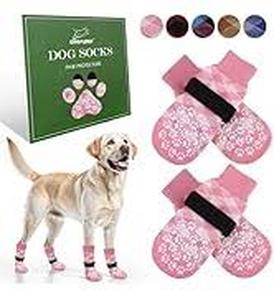 lot 8470 image: EXPAWLORER Anti Slip Dog Socks to Prevent Licking Paws, Winter Snow Dog Boots & Paw Protectors Booties for Hardwood Floors with Heart Grippers, Dog Shoes for Small Medium Large Senior Dogs Pink XS