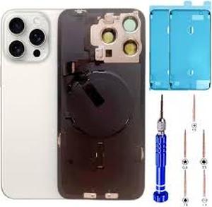 lot 8471 image: 15 Pro Max Back Glass Replacement Kit with Plate & Flex Cable and All Parts, White Titanium, 6.7 Inch for iPhone 15Pro Max Back Cover Glass, with Repair Tools (White Titanium)