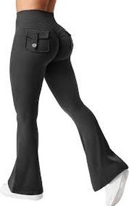 lot 12323 image: YEOREO CoreFlex Flare Leggings with Pockets for Women Scrunch Workout Leggings Butt Lifting Gym Yoga Pants Black
