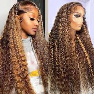 lot 14284 image: Ombre Lace Front Wig Human Hair 13x4 HD Transparent Wigs Water Wave Glueless Pre Plucked #427 Chocolate Brown Highlight Wigs 24 Inch Human Hair for Women Bleached Knots with Baby Hair Glueless Wigs