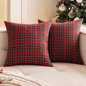 lot 20327 image: AQOTHES Pack of 2 Christmas Plaid Decorative Throw Pillow Covers Scottish Tartan Cushion Case for Farmhouse Home Holiday Decor Red and Green, 24 x 24 Inches
