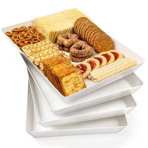 lot 3131 image: 4-Pack Plastic 16 x 11 Large White Serving Trays Set - Reusable Serving Platters for Cookie, Appetizer, Charcuterie, Snack, Dessert, Party Food Display - Stackable Kitchen CounterTop Tray, BPA Free