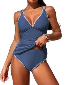 lot 4033 image: Jillumi Two Piece Swimsuit for Women Tummy Control Ruched Tankini Solid Two Piece Bathing Suits Modest Swimsuits 50s Retro Tankinis (Blue XXL)