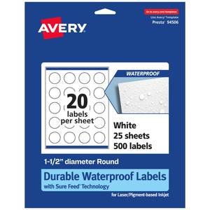 lot 4038 image: Avery Printable Durable White Round Labels, Sure Feed Technology, 1.5 Diameter, Print-to-the-Edge, Waterproof Labels, Laser & Pigment-Based Inkjet Compatible, 500 Total