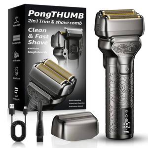 lot 4041 image: PongTHUMB Electric Razor for Men with Pop-Up Trimmer Rechargeable Cordless Foil Shaver for Face - WetDryAnti-Slip Waterproof Shavers with LED Display - Metal Handheld Design Light Gray