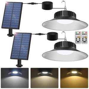 lot 4093 image: T-SUN Solar Shed Lights 2 Pack Solar Pendant Lights, Outdoor Indoor Garden Light with Remote 3000K 4000K 6000K, IP65 Waterproof for Barn Shed Shop Patio Garage Courtyard Balcony