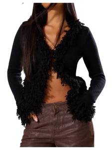 lot 4105 image: WDIRARA Womens Fuzzy Trim Cardigan Sweater Goth Punk V Neck Long Sleeve Knit Outerwear Black Medium