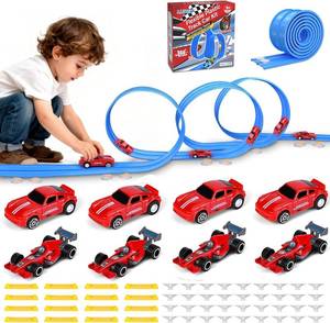 lot 4439 image: ZHFUYS 20Ft Extra Long Flex Tracks for Kids,Flexible Race Car Track Set with Powerful Pull Back Cars,Suction Cups Compatible with Diecast 164th Car Toy,Rolls Up Portable Race Tracks for Ages 3 & Up