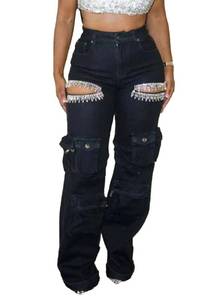 lot 4458 image: Vakkest Womens Rhinestone Cargo Jeans High Waisted Ripped Distressed Wide Leg Stretchy Denim Pants with Flap Pockets Black XL