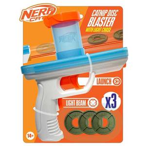 lot 4503 image: Nerf Cat 7.88in Catnip Blaster with 3 Catnip Disc 3-Pack - WhiteTranslucent BlueOrange