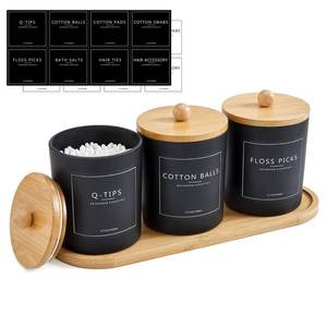 lot 11765 image: 3 Pack Qtip Holder Bathroom Set with Tray,13.5oz Cotton Round Ball Pad Holder Cotton Swab Floss Pick Dispenser,Bathroom Organizers and Storage Container,Glass Apothecary Jars Canisters with Lids-Black