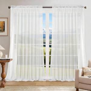 lot 11775 image: Dreaming Casa Solid Sheer Curtains Draperies White Rod Pocket 2 Panels 100 W x 84 L