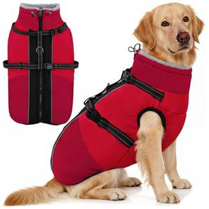 lot 11840 image: AOFITEE Dog Coat, Windproof Turtleneck Dog Jacket with Built in Harness, Reflective Dogs Jackets with Fleece Lining, Waterproof Pet Winter Coat for Cold Weather for Border Collie, Beagle, Red XL
