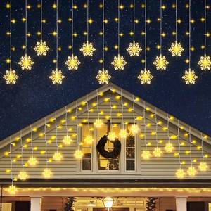 lot 11885 image: 150 LED Christmas Icicle Lights with Snowflakes, Hanging Snowflake Light with 8 Modes, Connectable Warm White Icicle Lights for Outside, Roof, Window, Holiday Party Decor