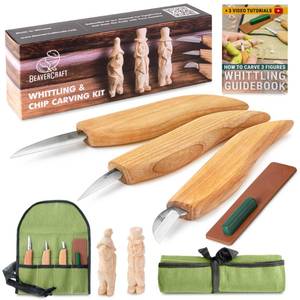 lot 12001 image: BeaverCraft Wood Carving Knife Kit S15 Whittling Kit for Beginners, Kids - Wood Carving Tools Set with Detail Chip Knife Sloyd Whittling Knives & Leather Strop, Polishing Compound and Tutorials