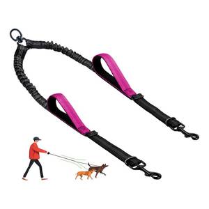 lot 12024 image: LEOSASA Double Dog Leash - No Tangle Splitter for Two Dogs, Coupler with Adjustable Long Lead Rope, Dual Control Handles, Retractable No Pull Bungee, Walk Train Small Medium Large 2 Pets (Fuchsia)