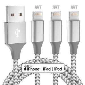 lot 12033 image: iPhone Charger 3pack 10FT Apple MFi Certified Long Lightning Cable Fast Charging High Speed Data Sync USB Cable Compatible iPhone 14131211 Pro MaxXS MAXXRXSX87Plus6S (Grey White)