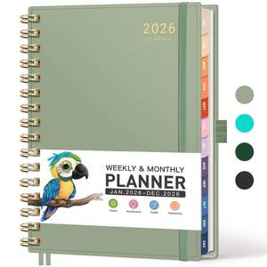 lot 12039 image: RETTACY 2026 Planner, Weekly and Monthly, Medium Size (5.7 x 8.3), Jan - Dec 2026, Agenda, Calendar, 12 Month Tabs, Flexible Plastic Cover, 100 GSM Thick Paper, Spiral-bound (Light Green)