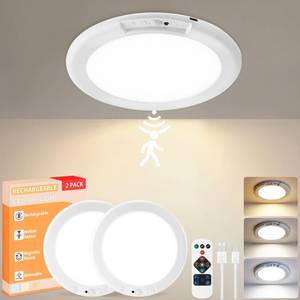 lot 12044 image: Rechargeable Ceiling Light 2Pack, 3 Color Motion Sensor Lights with Remote, Wireless Closet Light Battery Operated, Magnetic Dimmable LED Lights for Shower Pantry Shed Hallway Porch Garage Stairs