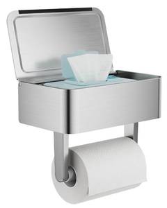 lot 12049 image: WZKALY Toilet Paper Holder, Stainless Steel Wall Mount Bathroom Organizer with Shelf, Flushable Wipes Dispenser Storage Fits Any Bathroom and Hide Your Wet Wipes, Regular Roll (nickel)