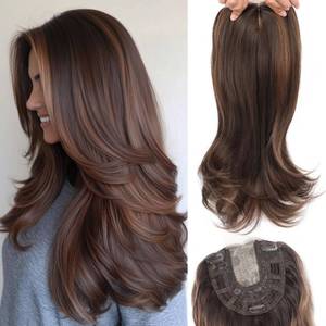 lot 12051 image: Lumhun 20Inch Hair Toppers for Women with Thinning Hair, Heat Resistant Fibre Synthetic 6.5 x 6.5 Base,Long Layered Topper for Women(Dark Brown with Brown Highlight,20Inch)