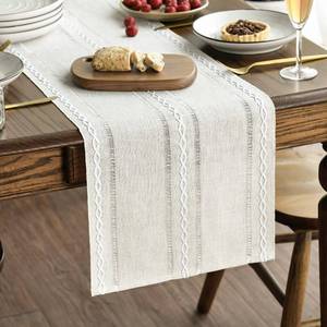 lot 12080 image: Artoid Mode Beige Rustic Cotton Linen Table Runner, Seasonal Embroidered Hollow Kitchen Dining Table Decoration for Home Party Decor 13x72 Inch