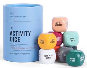 lot 12390 image: Two Tumbleweeds Mood-Boosting Activity Dice - 9 Wooden Dice for Self-Care & Connection - A Mindful Wellness Tool to Beat Doom-Scrolling - 54 Screen-Free Activities for Calm, Joy & Creativity