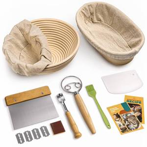lot 12397 image: RORECAY Bread Banneton Proofing Basket Set, 9 Inch Round & 10 Inch Oval Cane Sourdough Baskets with Dough Whisk Lame Dough Scraper Bowl Scraper Silicone Brush Sourdough Bread Baking Supplies