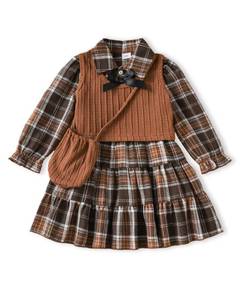 lot 12426 image: Toddler Dress Fall Little Girl Clothes Size 5 6 Years Old Long Sleeve Plaid Pleated Shirt Dresses Brown Knit Vest Set Kids 2 Piece Girls Outfits 5T 6T