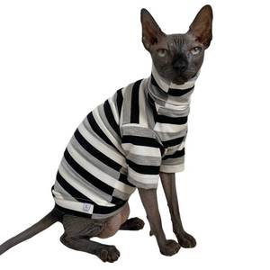 lot 12431 image: Vintage Stripes Sphynx Hairless Cats Shirt Cotton Cat Turtleneck Pet Clothes Kitten T-Shirts with Sleeves for Sphynx Cats (Black Grey White, Medium)