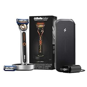 lot 13789 image: Gillette Heated Razor for Men, Deluxe Travel Shave Kit by GilletteLabs, 1 Handle, 2 Razor Blade Refills, 1 Charging Dock, 1 Charging Travel Case (B0923JLJTG)