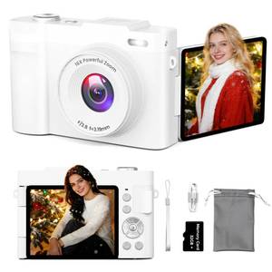 lot 14319 image: 4K Digital Camera for Photography, Small Vlogging Camera with Flip Screen for YouTube, 50MP 16X Zoom, Portable Travel Cameras with 32GB SD Card for Beginners(White)