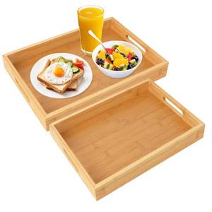 lot 19441 image: Geytetqi 2 Pack Large Bamboo Serving Tray with Handles, 16 x 11.6 Inch and 14 x 10 inch Wooden Dinner Tray, Home Kitchen Breakfast Trays for Living Room Bedroom Kitchen Dinner Table, Picnic