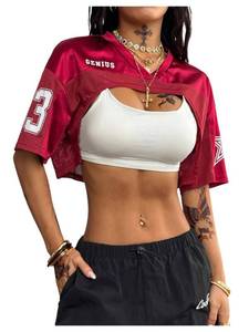 lot 19446 image: Verdusa Jersey Shirts for Women Y2K Graphic Crop Tops Mesh Spliced Satin Football Jersey Tops Burgundy Small