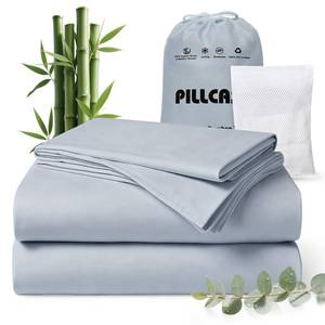 lot 19466 image: Luxury Organic Tencel & Viscose from Bamboo Cooling Sheet Set,Silky Soft Lyocell Sheets with Deep Pocket, Hypoallergenic & Breathable Bedding with Pillowcases (Sterling Blue, Queen)