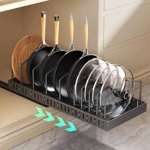 lot 19483 image: Pull Out Pots and Pans Organizer Under Cabinet, Expandable Sliding Lid Holder and Pan Rack for Kitchen, Slide Out inside Cabinet for Pot Lid, Bakeware, Dishes, 10 Adjustable Dividers, 1 Pack Black