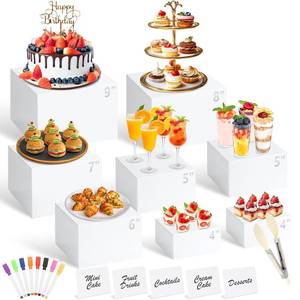 lot 19503 image: 8 Pcs White Buffet Risers with Mini Table Sign, Serving Tongs, Acrylic Food Risers for Buffet Table Display Stand Shelf for Party Catering Dessert Jewelry Collectibles (Size 9 8 7 6 5 5 4 4)